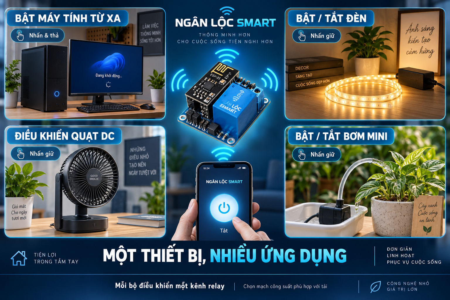 Ảnh minh họa bốn ứng dụng ESP-01 relay: bật máy tính từ xa, bật tắt đèn LED, quạt DC và bơm mini